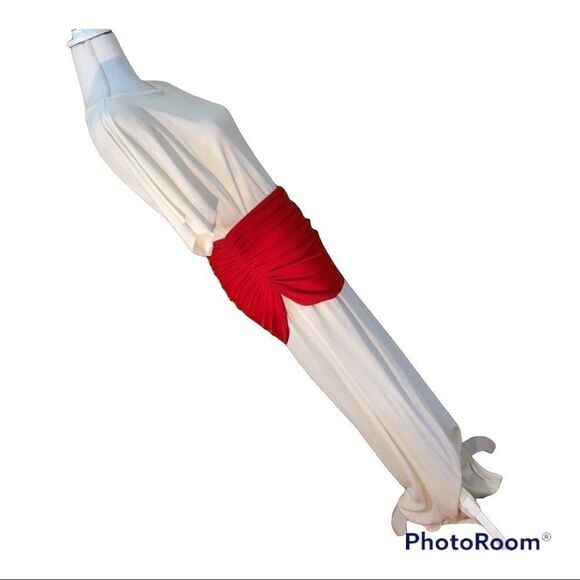 Jackie Rogers Grecian Style Cream maxi Dress, red waist band, neck tie, Medium - Picture 5 of 13